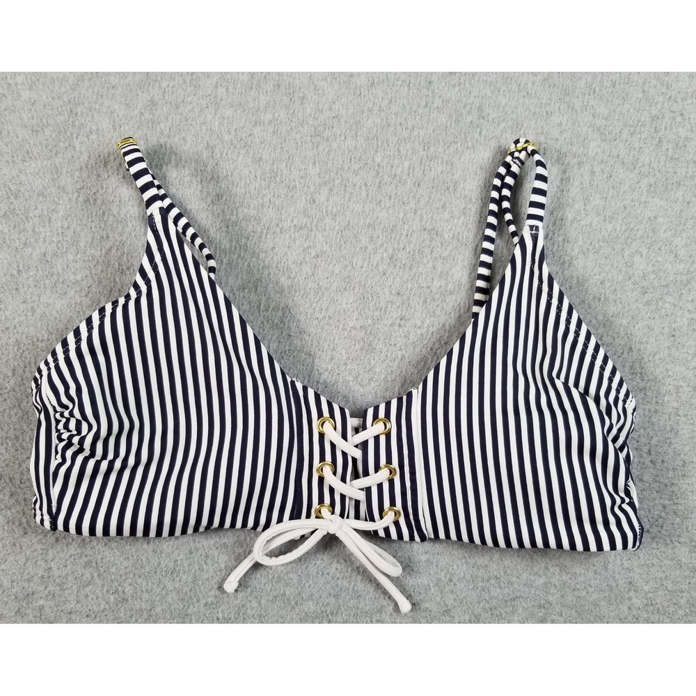 Xhilaration Bikini Top Women Medium M Blue White Striped Lace Up V-Neck Swimwear